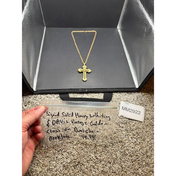 Vtg Whiting & Davis Beaded Floral Gold Tone Cross Pendant Dual Chain Necklace - Picture 9 of 10